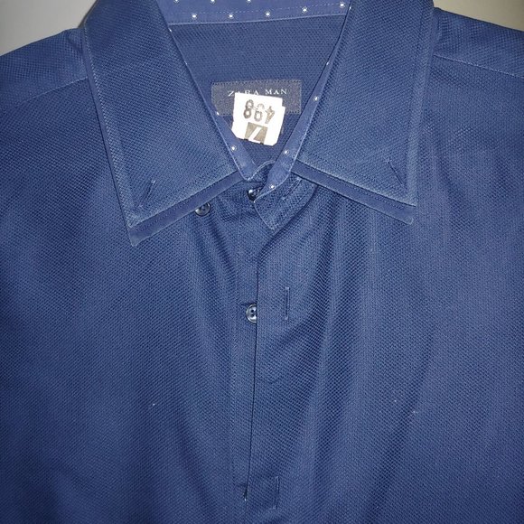 Zara Mens Size Double Collared Navy 100% Cotton (Linen feel) Slim … Size Large - Picture 2 of 5